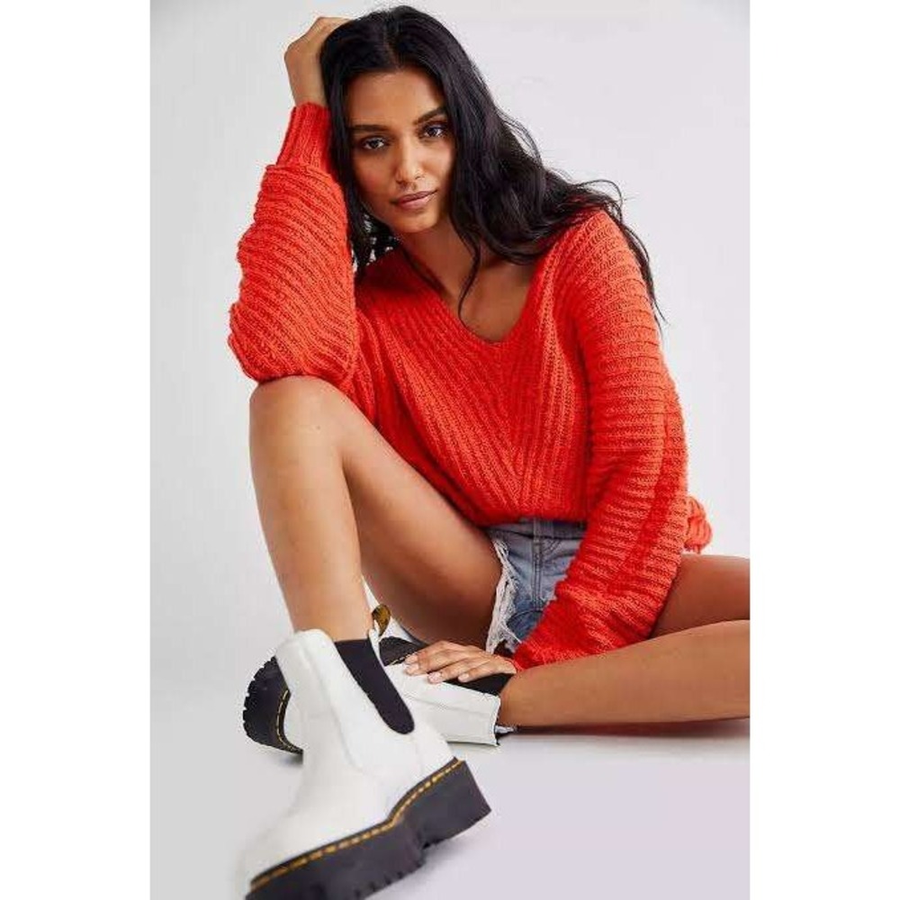 Free People Sunset V-Neck Sweater Women Large Red Chunky Oversized Slouchy Cozy